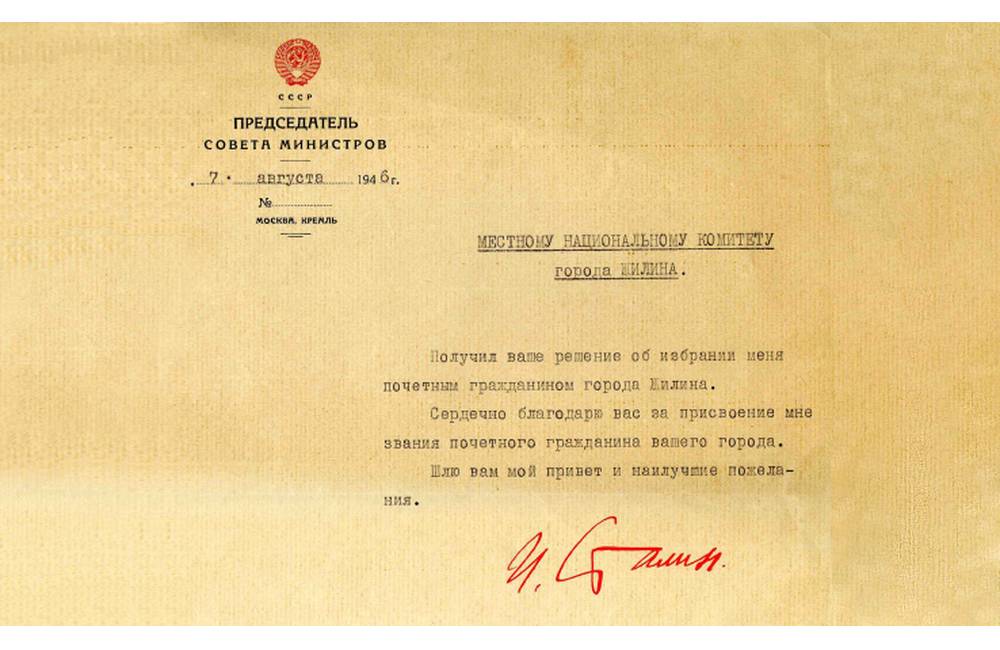 Foto: Josif Vissarionovič Stalin sa stal v roku 1946 čestným občanom Žiliny,  existuje ďakovací list