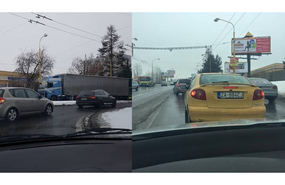 Foto: Na ulici Vysokoškolákov došlo k nehode auta a kamióna, cesta na Vlčince je neprejazdná