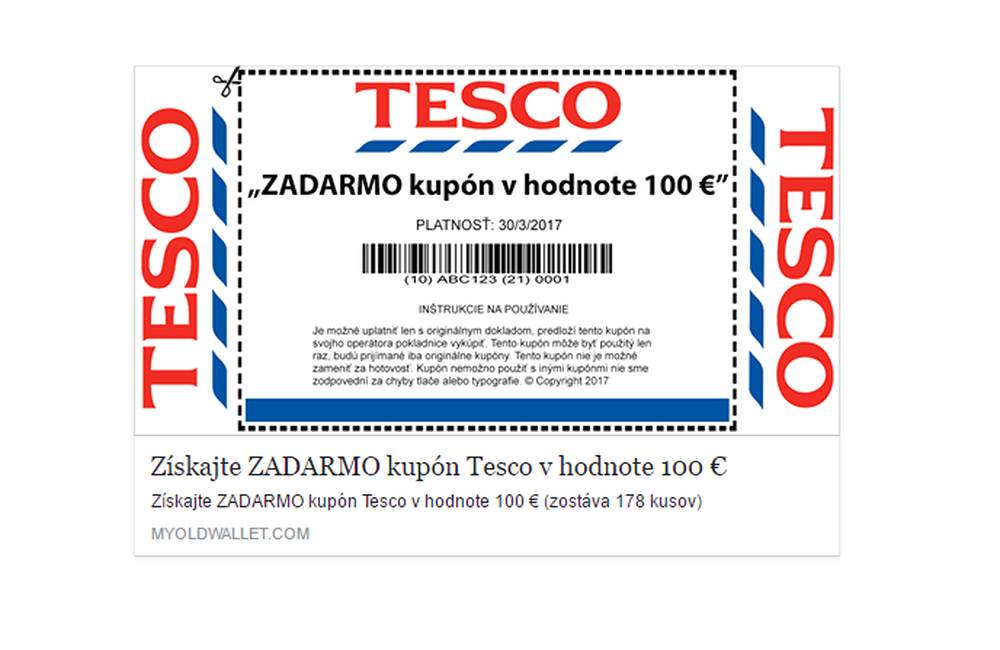 Foto: Facebookom sa šíri podvodná stránka, ktorá sľubuje 100€ kupón do predajní TESCA