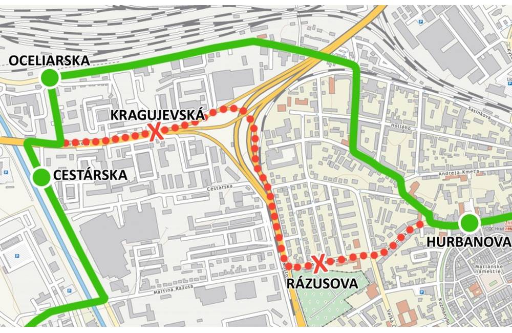 V súvislosti s prácami na Kragujevskej ulici budú dočasne zrušené dve zastávky MHD
