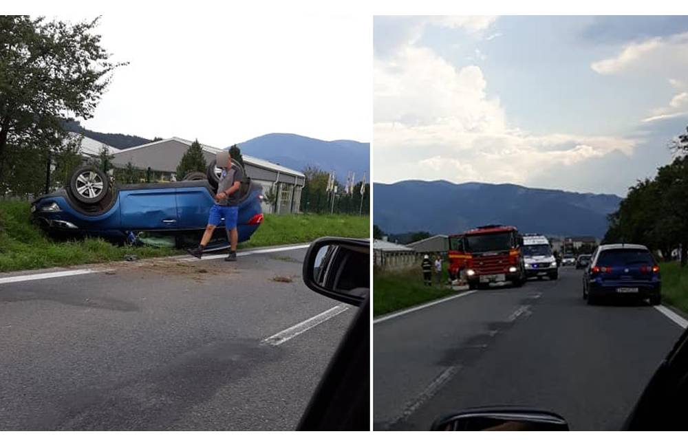 AKTUÁLNE: Za obcou Krasňany došlo k dopravnej nehode, jedno auto skončilo prevrátené na streche
