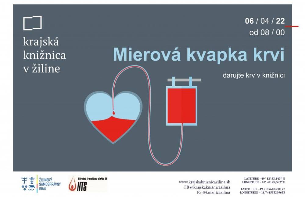 Krajská knižnica v Žiline pozýva na Mierovú kvapku krvi, ktorá sa uskutoční 6. apríla