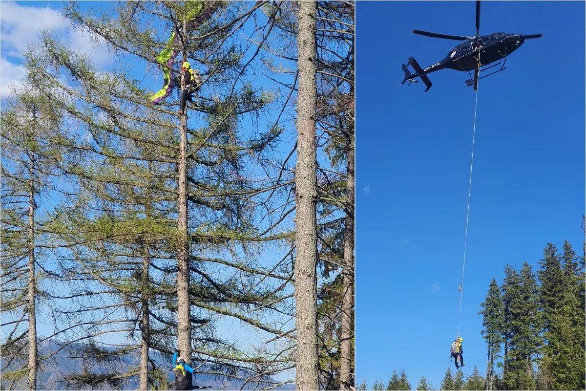 FOTO: Paraglajdista uviazol vysoko v korunách stromov na Martinských holiach. Privolali vrtuľník rezortu vnútra