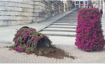 Kvetinovú pyramídu v centre Žiliny prevrátil neznámy vandal