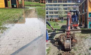 FOTO: Po revitalizácii vnútrobloku na Vlčincoch stála na trávniku voda, začali sa opravné práce