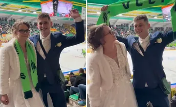 VIDEO: Oddaní fanúšikovia Vlkov prišli na hokej rovno zo svadby. Vyslúžili si aj nepekné komentáre