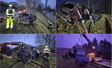 FOTO: Z cesty na Nemocničnej vyletelo auto a prevrátilo sa, úlomky zbierali až z opačného smeru za kopcom