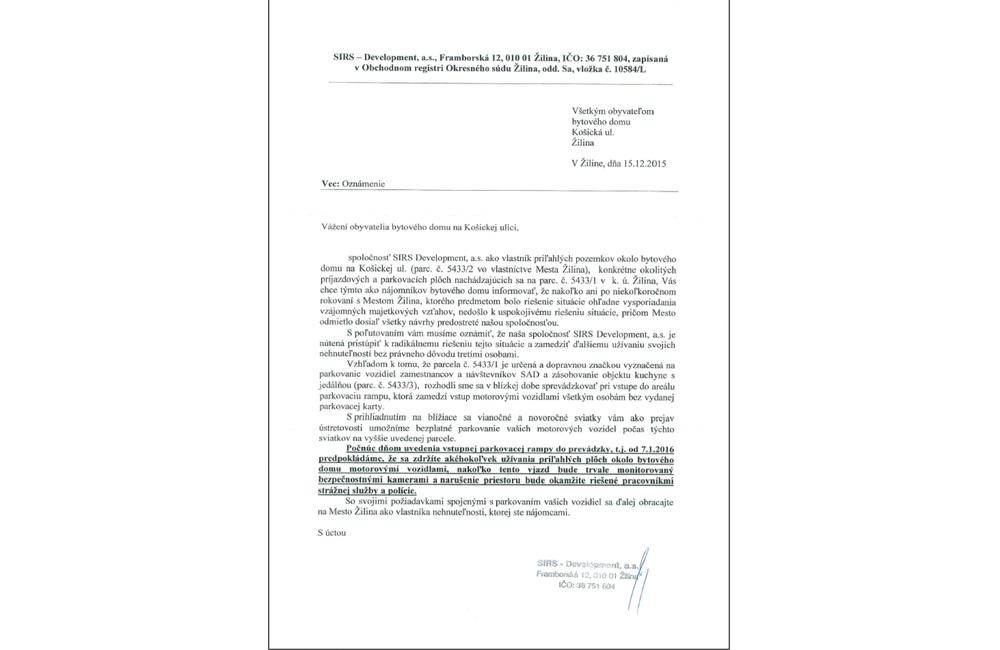 List občanom na ulici Košická od spoločnosti SIRS Development,a.s., foto 1